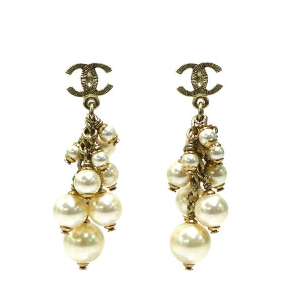 CHANEL Authentic White Pearl Logo Earrings